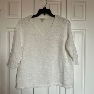 J.Jill Loose Knit Pull over V Neck 3/4 Sleeve White Sweater